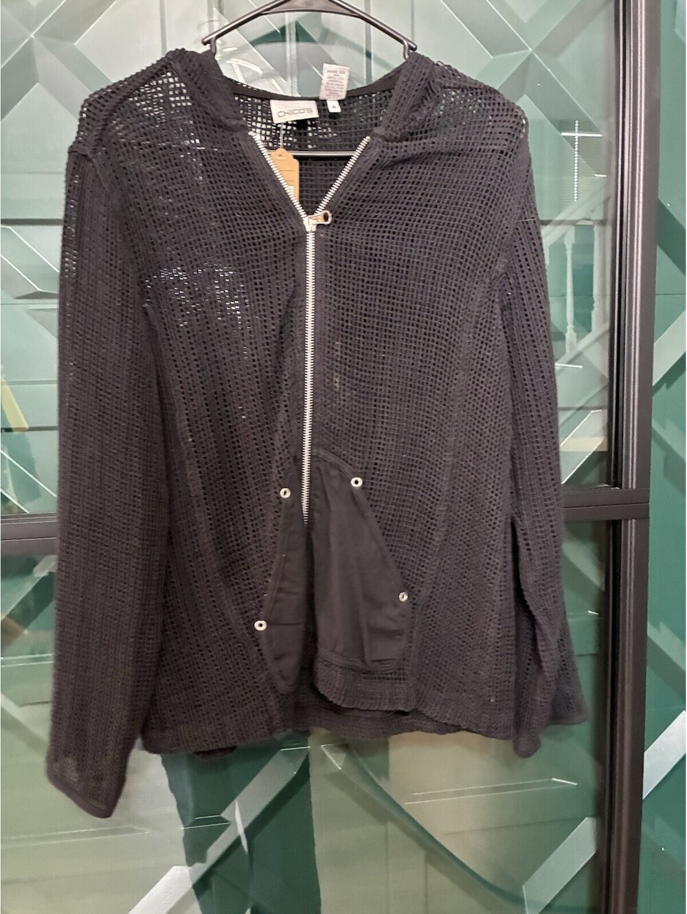 Chico’s Black Open Knit Ladies Zip Up Hooded Sweater - Size 0